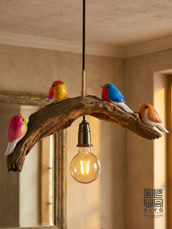 Handmade wooden bird hanging light rustic home decor India
